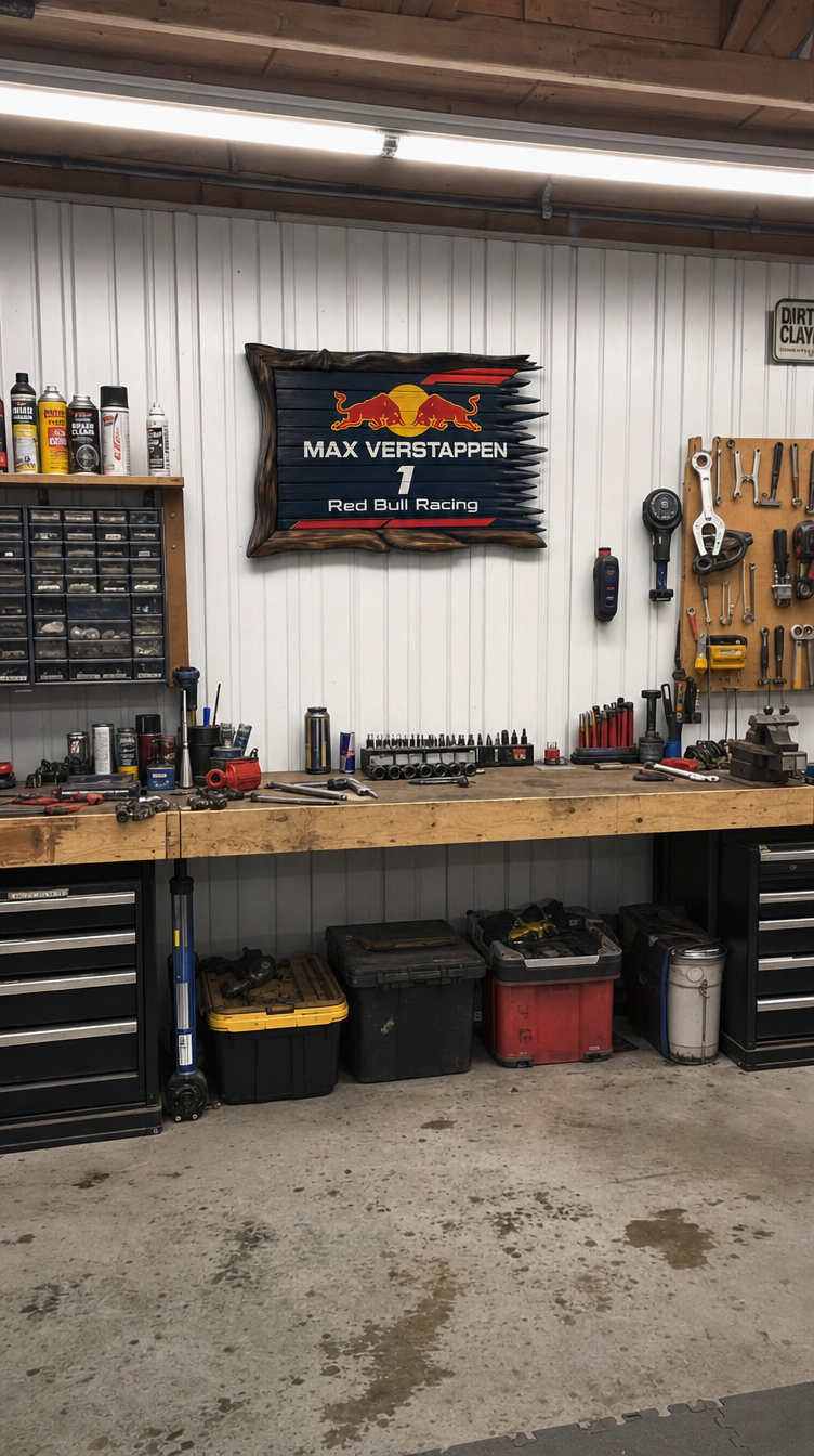 Red Bull wooden flag in a garage