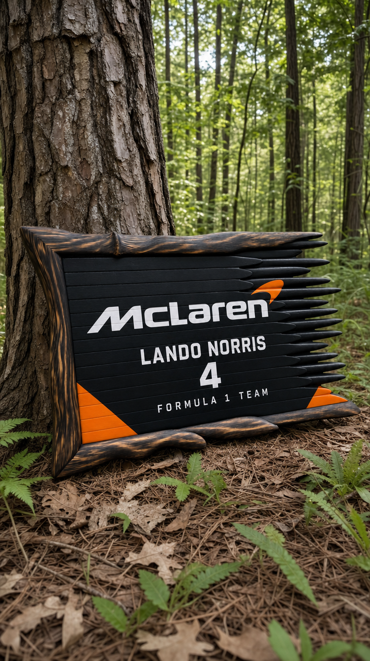 McLaren wooden flag against a tree