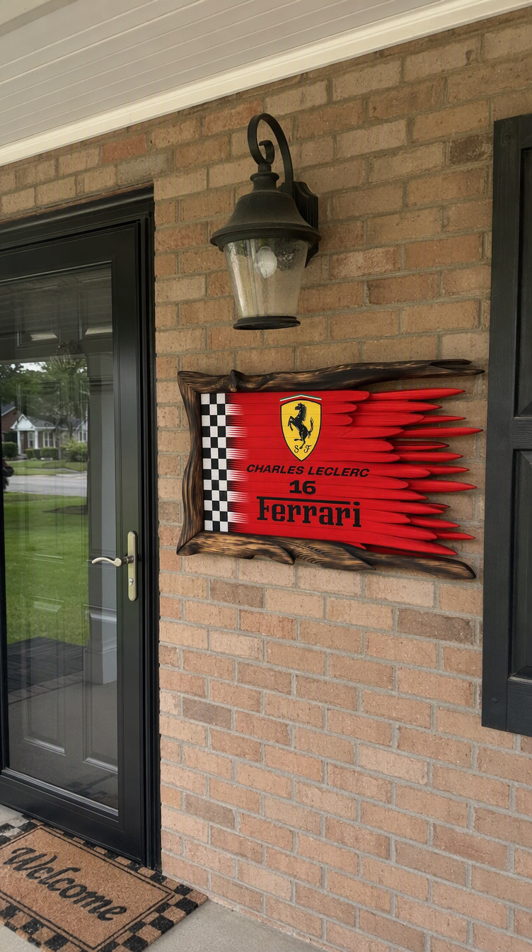 Ferrari wooden flag by a front door