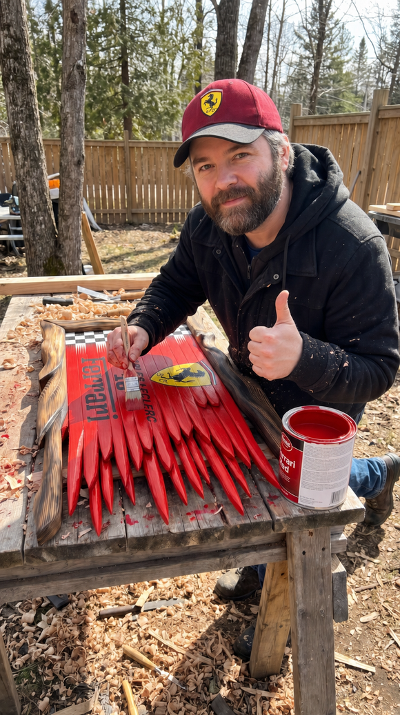 Mike hand-painting a wooden flag in his workshop