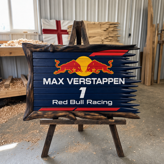 Red Bull Max Verstappen 1 handcrafted wooden flag on an easel in the workshop